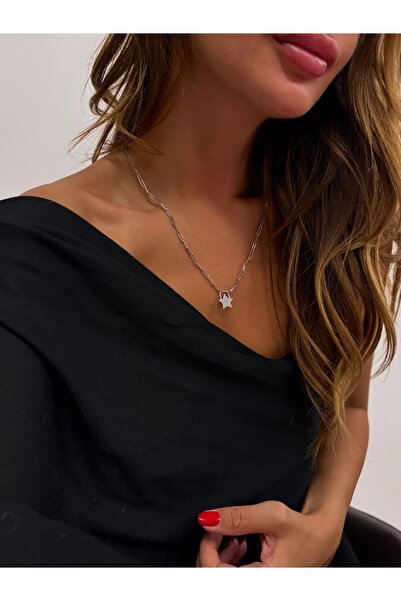 Butik Gümüş Renk Yıldızlı Ataç Kolye