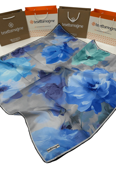 Tesettürnağme Soft Cotton Scarf Tn2007 Floral Pattern Indigo-Grey-09