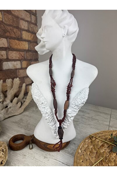 SEDEF TAKI Ahşap boncuklu Vintage uzun kolye