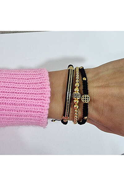 velve Σετ Forever Love, τρία βραχιόλια σε κορδόνι με πλεγμένο κούμπωμα, ρυθμιζόμενο μαύρο/χρυσό,