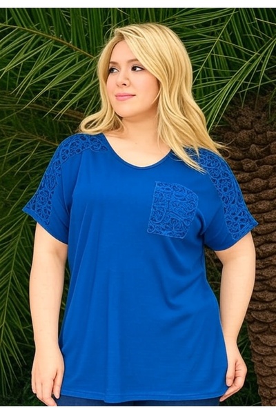 FOR ESRA BIG TREND Women's Plus Size Shoulder and Pocket Lace V-Neck Placketed Stretchy Blouse