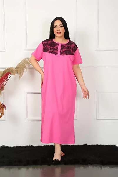 emosavm Fashion Plus Size Lace Short Sleeve Fuchsia Mother Nightgown