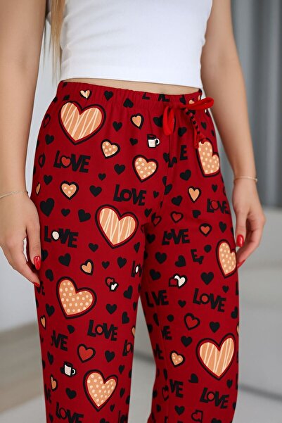 DİGGO Women's Cotton Thin Breathable Fabric Ribbon Waist Detailed Printed Pocketless Women's Pajama Bottoms