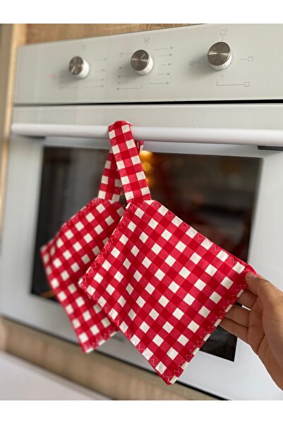 Parla Life Kırmızı Pötikare Kanaviçe Desenli Ocak Örtüsü x Tutacak
