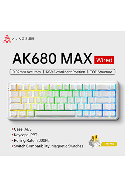 Ajazz لوحة مفاتيح ميكانيكية بيضاء AK680 MAX بمفتاح مغناطيسي HE 60% 8k/1K RGB سلكية/لاسلكية للألعاب