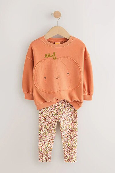 Minigimin Cicileri My Little One's Oversized Pumpkin Patterned Floral Leggings Girl's Set - Orange