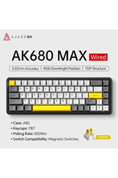 Ajazz لوحة مفاتيح ميكانيكية GREY AK680 MAX بمفتاح مغناطيسي HE 60% 8k/1K RGB سلكية/لاسلكية مخصصة للألعاب