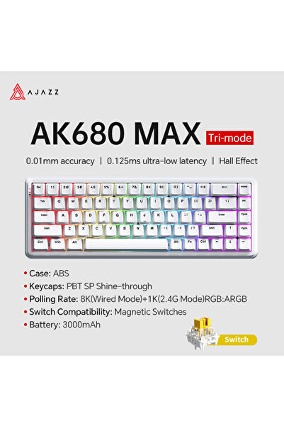 Ajazz لوحة مفاتيح ميكانيكية بيضاء AK680 MAX ثلاثية الوضع 8-1K بمفتاح مغناطيسي...