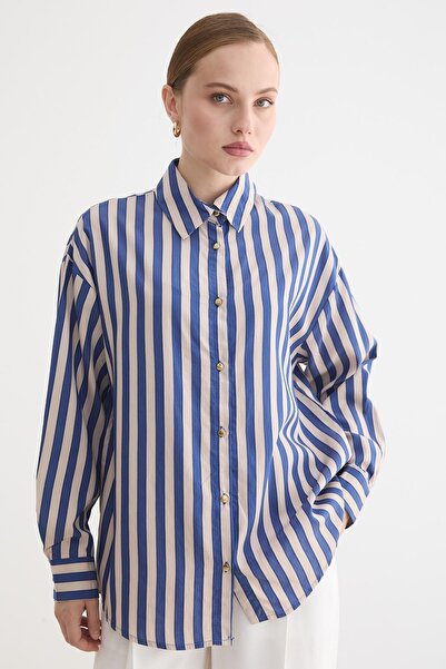 LEVURE Metalized Button Detailed Striped Shirt Dark Blue