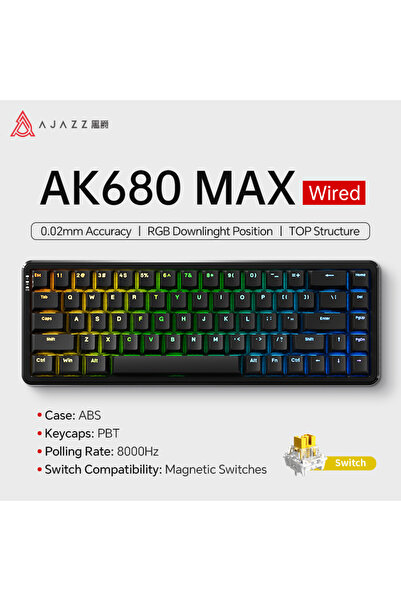 Ajazz لوحة مفاتيح ميكانيكية سوداء AK680 MAX بمفتاح مغناطيسي HE 60% 8k/1K RGB سلكية/لاسلكية للألعاب