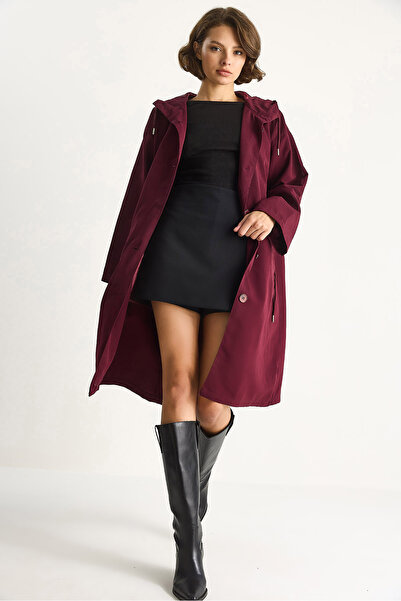 Bianco Lucci Women's Hooded Lined Pocket Detailed Mid-Length Seasonal Trench Coat 7024 60283546