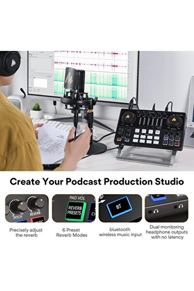 MAONO Audio Interface, MaonoCaster 10-Channel Podcast Mixer with Pro-Preamp, 48V Phantom Power, Blue