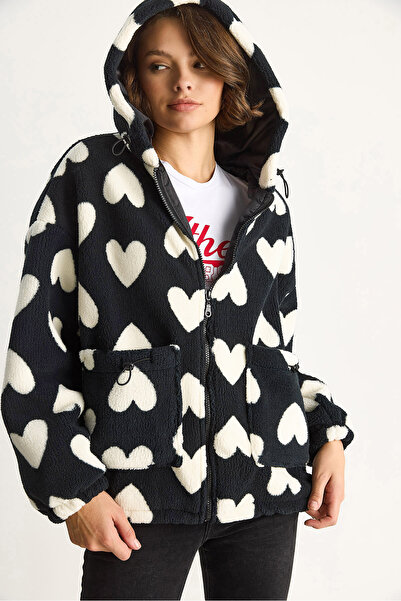 Bianco Lucci Kadın Kalpli Kapüşonlu Oversize Peluş Mont RI00001 60283537