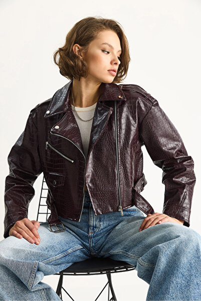 Bianco Lucci Jachetă din piele artificială crocodil cu centură pentru femei 3131 60284105