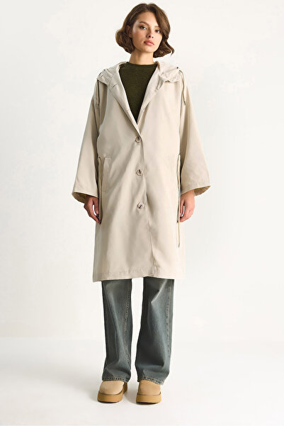 Bianco Lucci Women's Hooded Lined Pocket Detailed Mid-Length Seasonal Trench Coat 7024 60283546