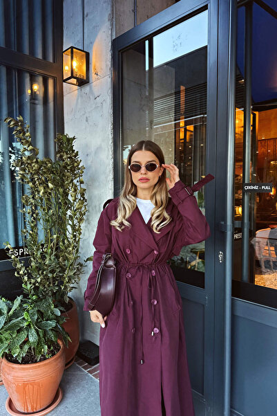 Sue Store Bordo Önden Büzgülü Düğmeli Astarlı Maxi Trençkot