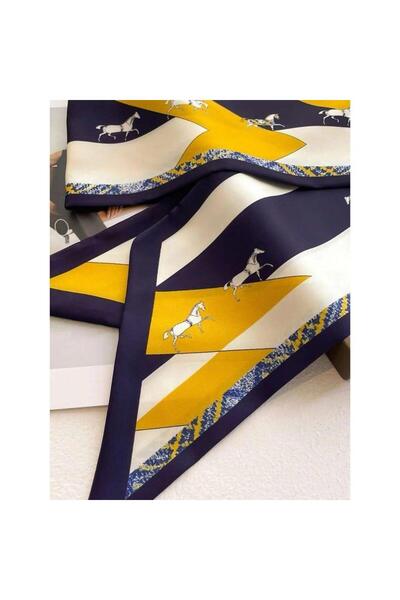 Pursehuit Navy blue scarf with yellow and horse print, Sandy C1