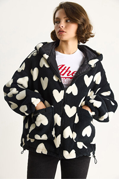 Bianco Lucci Kadın Kalpli Kapüşonlu Oversize Peluş Mont RI00001 60283537