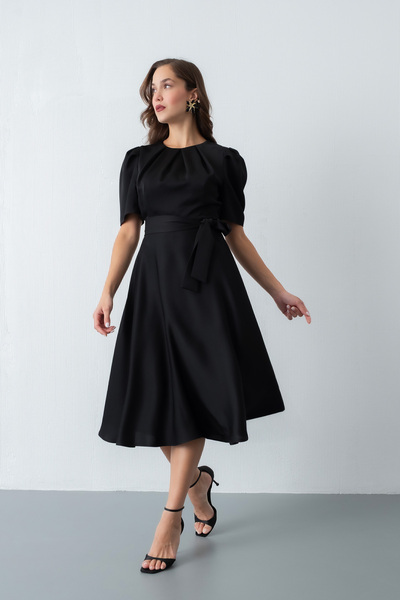 Lafaba Γυναικείο Μίντι Σατέν Φόρεμα με Μαύρο Μπαλόνι Μανίκια