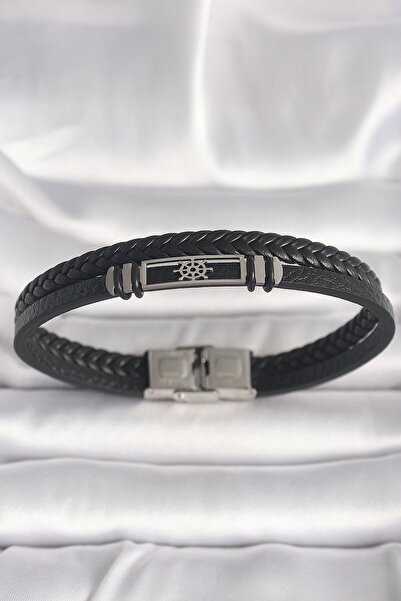 Skygo 316L الصلب الفضة اللون السفينة هيلم الشكل الأسود اوجير الجلود الحبل نمو...