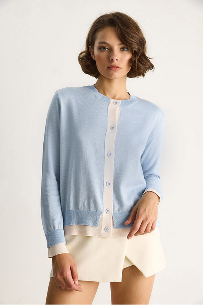 Bianco Lucci Women's Contrast Color Crew Neck Button Front Cardigan Th251035 60283540