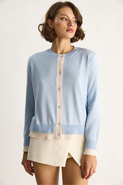 Bianco Lucci Women's Contrast Color Crew Neck Button Front Cardigan Th251035 60283540