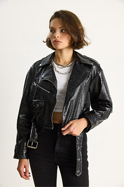 Bianco Lucci Γυναικείο μπουφάν με ζώνη Crocodile Crocodile Faux Leather Jacket 3131 60284105