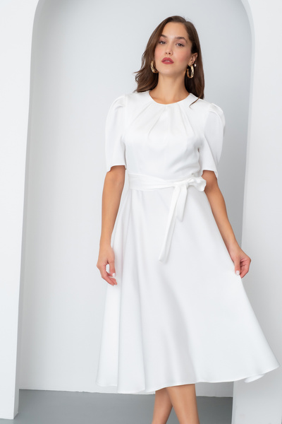 Lafaba Kadın Beyaz Balon Kol Midi Saten Elbise