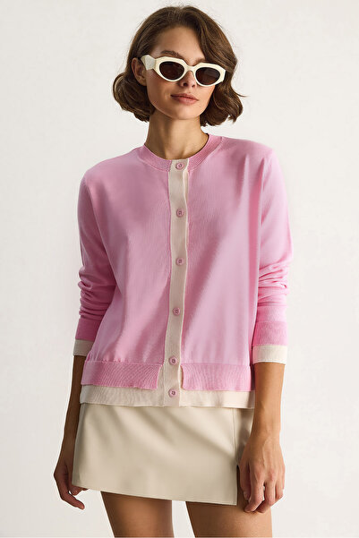 Bianco Lucci Women's Contrast Color Crew Neck Button Front Cardigan Th251035 60283540