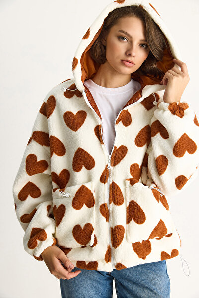 Bianco Lucci Kadın Kalpli Kapüşonlu Oversize Peluş Mont RI00001 60283537