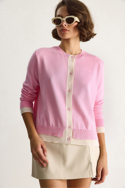 Bianco Lucci Women's Contrast Color Crew Neck Button Front Cardigan Th251035 60283540