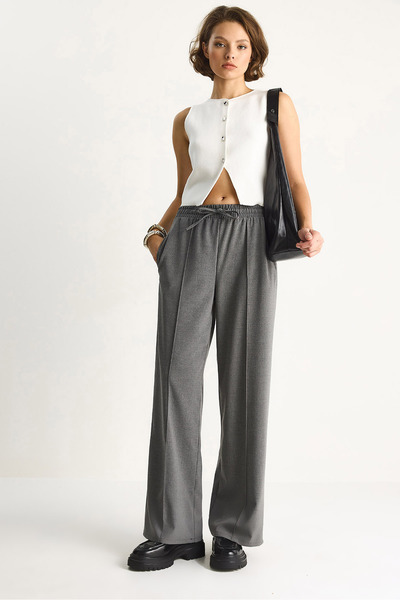 Bianco Lucci Women's Elastic Waist Pocket Detailed Ribbed Plazzo Fabric Trousers 518 60283535