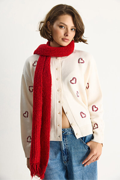 Bianco Lucci Women's Heart Embroidered Crew Neck Knitwear Cardigan Th251036 60283547