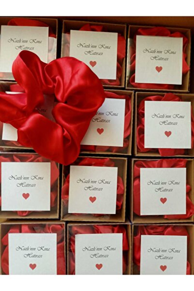 ShineByMe Kına Hediyelik Scrunchie Lastik Simit Toka Kırmızı Saten 10'lu Kutulu