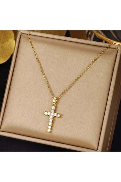 Pursehuit Colier auriu, realizat din oțel inoxidabil, cu cruce și pietre de z...