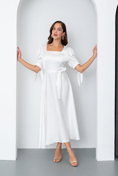 Lafaba Women's White Bow Detail Midi Dress