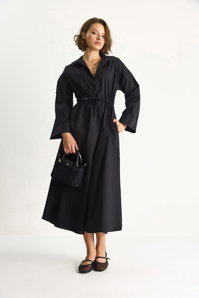 Bianco Lucci Women's Shirt Collar Long Sleeve Waist Tie Pocket Detail Poplin Dress 8581 60283519