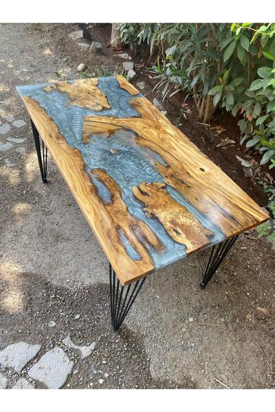 SUR AHŞAP EPOKSİ Zeytin Ağacından El Yapımı Ahşap Epoksi Tekli Dikdörtgen Sehpa -100*50 cm - Yükseklik 52 cm