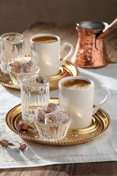 Genel Markalar Kahve Sunumluk Tepsisi 4 Parça Fincan Şekerlik Lokumluk Su Bardağı Tepsi