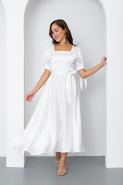 Lafaba Women's White Bow Detail Midi Dress