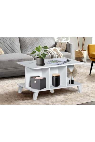 BAITY Two-tier Coffee Table with Malaysian Wood Shelves - White Marble