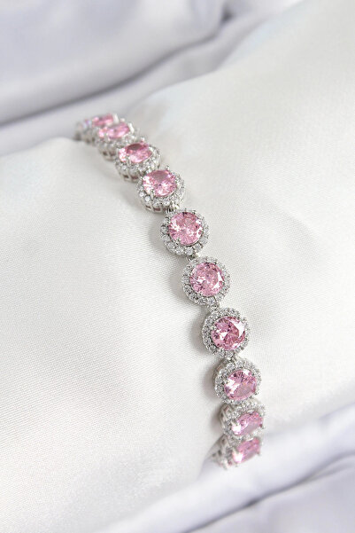 Skygo سوار نسائي من النحاس الوردي بحجر الزركون على شكل دائرة باجيت موديل فضي ...