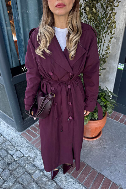 Sue Store Bordo Önden Büzgülü Düğmeli Astarlı Maxi Trençkot