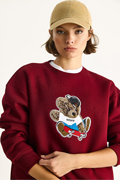 Bianco Lucci Kadın Teddy Nakış İşlemeli Bisiklet Yaka Salaş Sweatshirt 6864 60283522