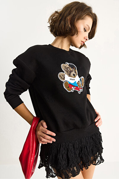 Bianco Lucci Kadın Teddy Nakış İşlemeli Bisiklet Yaka Salaş Sweatshirt 6864 60283522