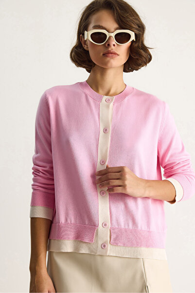 Bianco Lucci Women's Contrast Color Crew Neck Button Front Cardigan Th251035 60283540