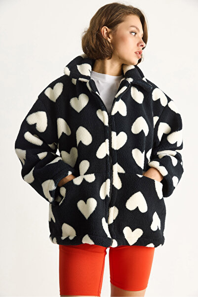 Bianco Lucci Women's Heart-Shaped Stand Collar Pocket Detailed Lined Oversize Plush Coat 8083 60283526