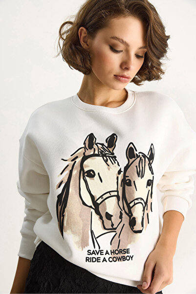 Bianco Lucci Kadın Bisiklet Yaka Dijital Cowboy Baskılı Salaş Sweatshirt 6896 60283521