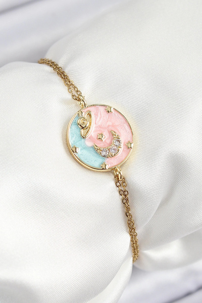 Skygo سلسلة من الفولاذ 316L مطلية بحجر الزركون الفني ونموذج الكوكب باللون الذ...