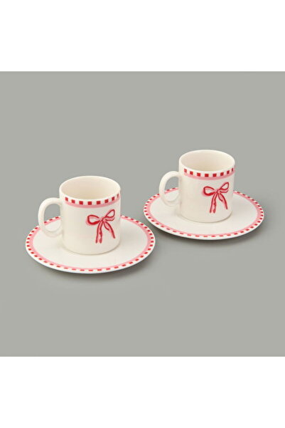 Evidea Kitchen Ribbon 2'li Porselen Kahve Fincanı Takımı - Pembe / Beyaz - 110 ml